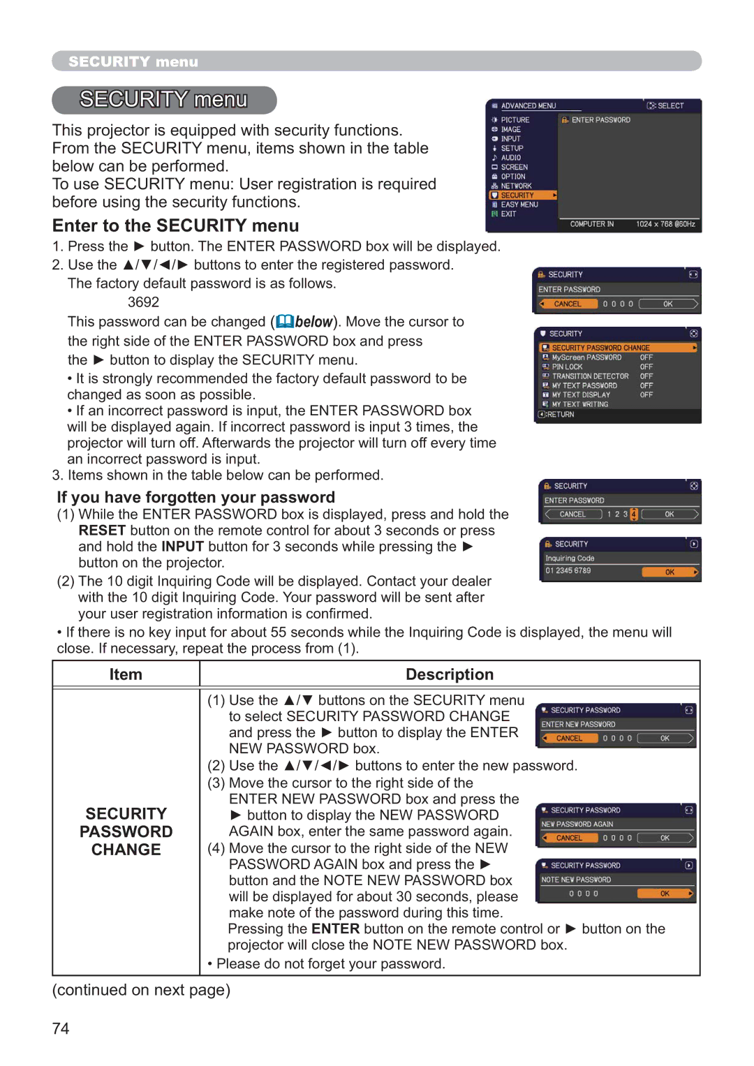 Apple CP-X2021WN, CP-X2521WN, CP-X3021WN user manual Enter to the Security menu, Password, Change 