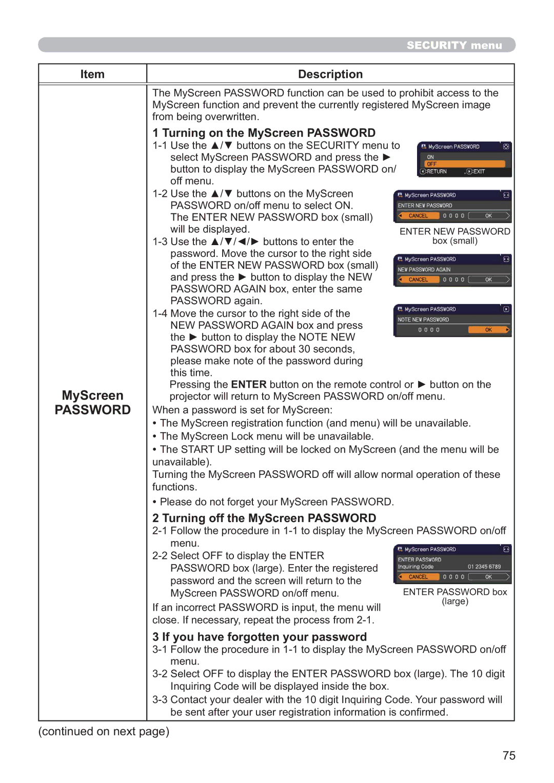 Apple CP-X2521WN, CP-X3021WN, CP-X2021WN user manual Turning on the MyScreen Password, Turning off the MyScreen Password 