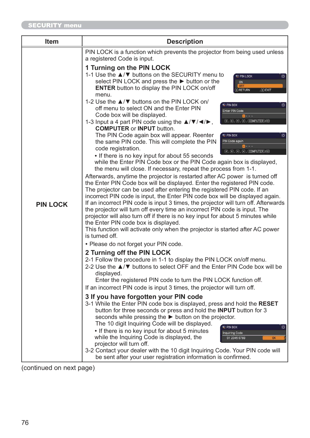 Apple CP-X3021WN, CP-X2521WN Turning on the PIN Lock, Turning off the PIN Lock, If you have forgotten your PIN code 