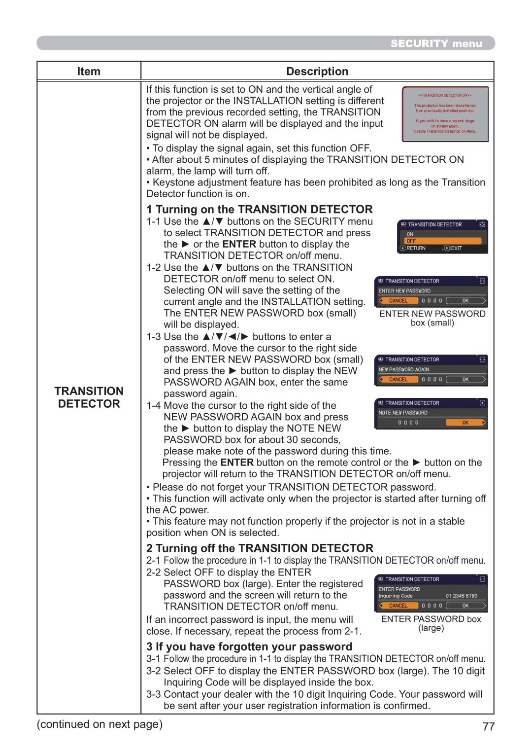 Apple CP-X2021WN, CP-X2521WN, CP-X3021WN Turning on the Transition Detector, Turning off the Transition Detector 