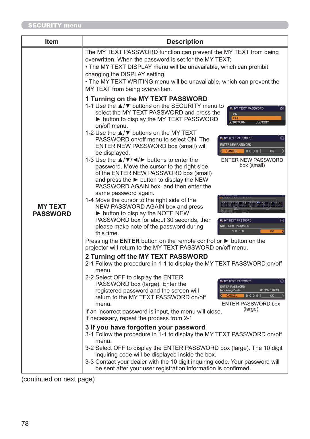 Apple CP-X2521WN, CP-X3021WN, CP-X2021WN user manual Turning on the MY Text Password, Turning off the MY Text Password 