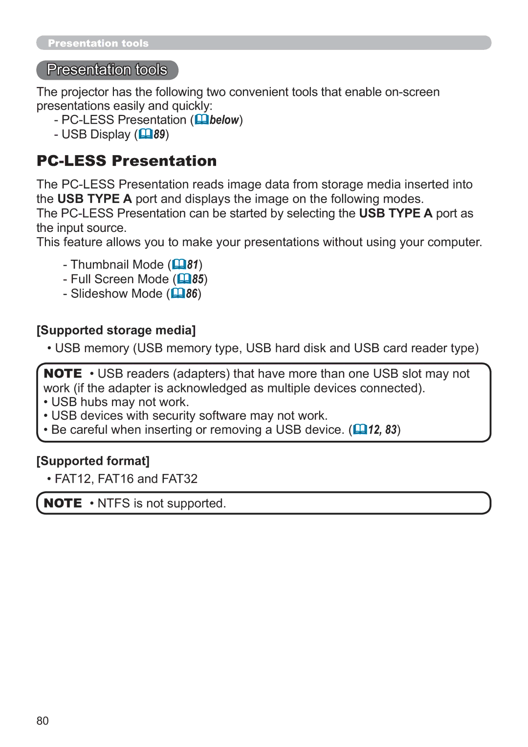 Apple CP-X2021WN, CP-X2521WN user manual Presentation tools, PC-LESS Presentation, Supported storage media, Supported format 