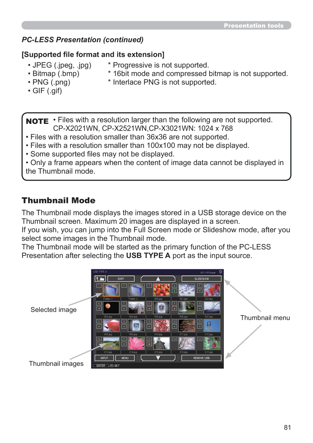 Apple CP-X2521WN, CP-X3021WN, CP-X2021WN user manual PC-LESS Presentation, Supported ﬁle format and its extension 