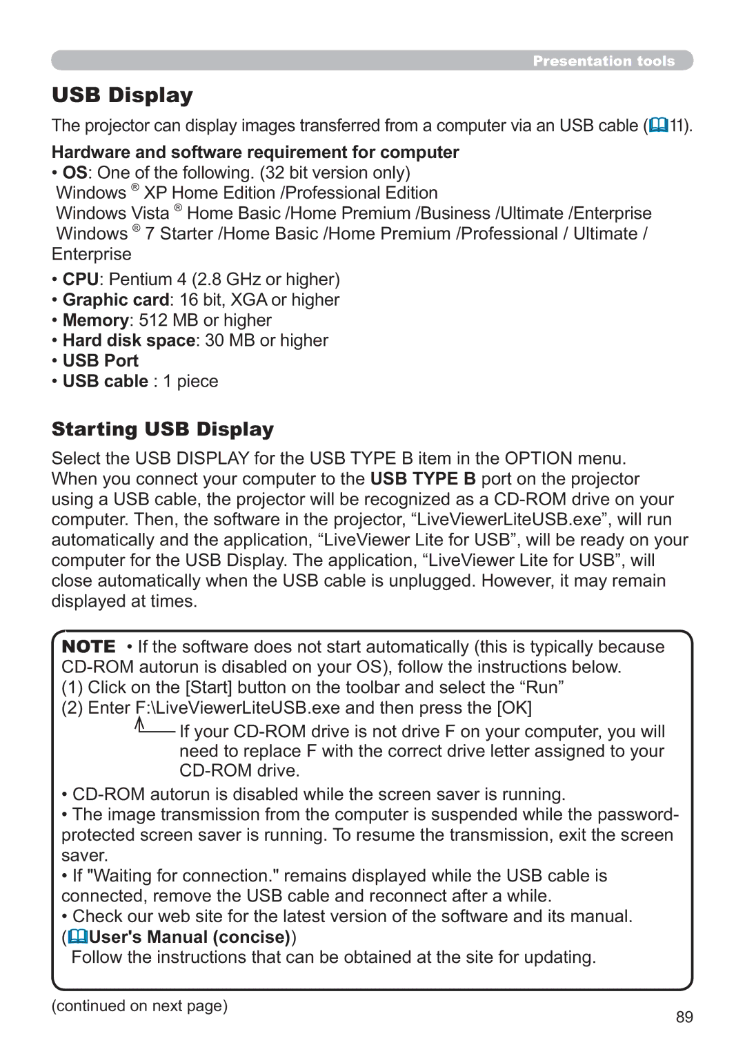 Apple CP-X2021WN, CP-X2521WN USB Display, Hardware and software requirement for computer, USB Port USB cable 1 piece 