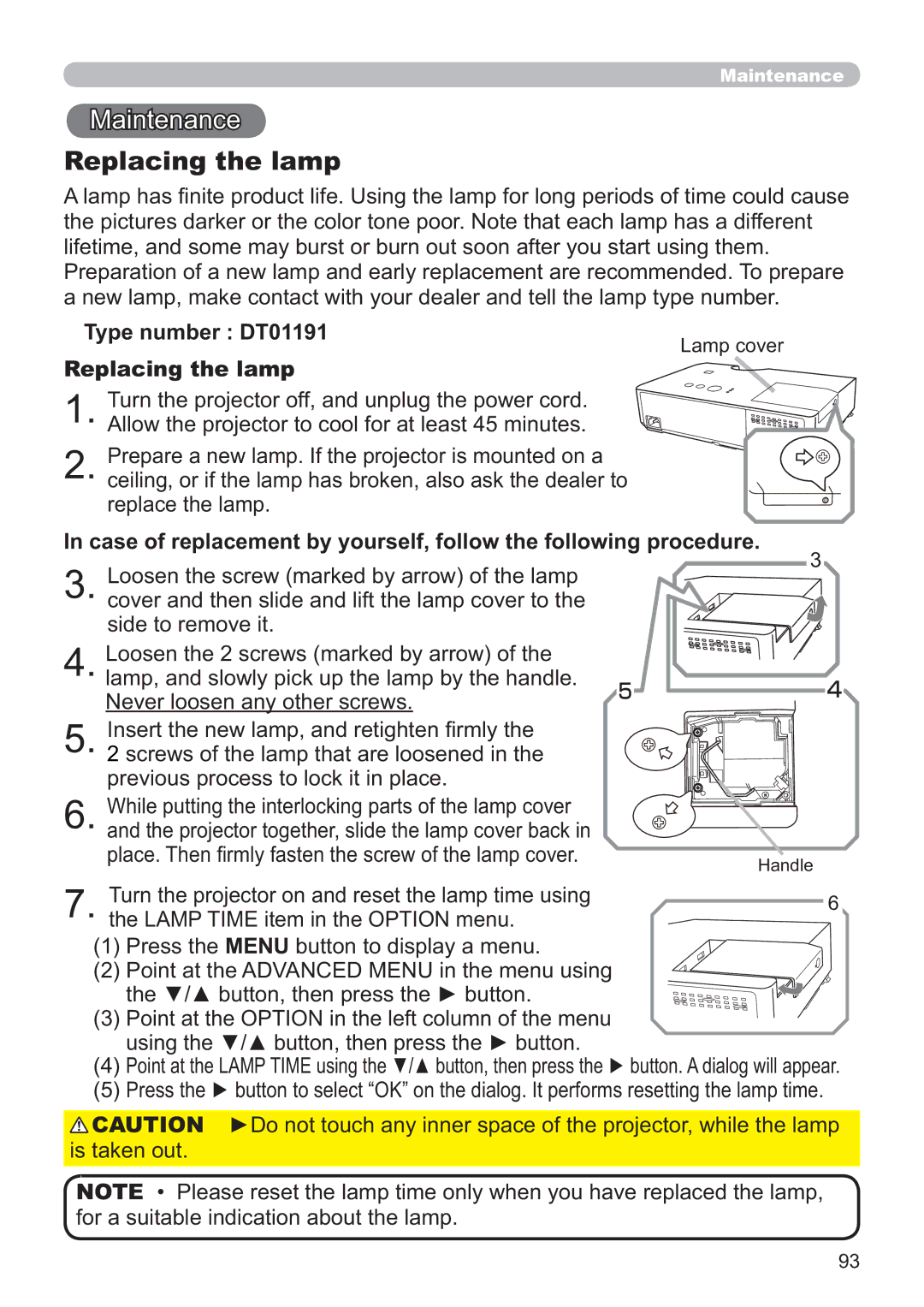 Apple CP-X2521WN, CP-X3021WN, CP-X2021WN user manual Maintenance, Type number DT01191 Replacing the lamp 