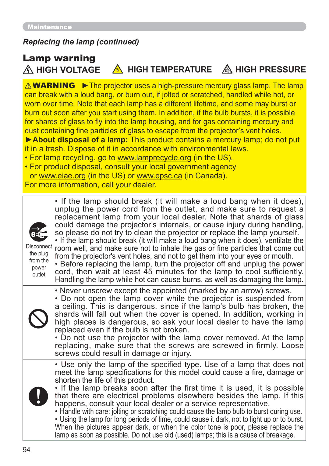 Apple CP-X3021WN, CP-X2521WN, CP-X2021WN user manual Lamp warning, High Voltage High Temperature High Pressure 