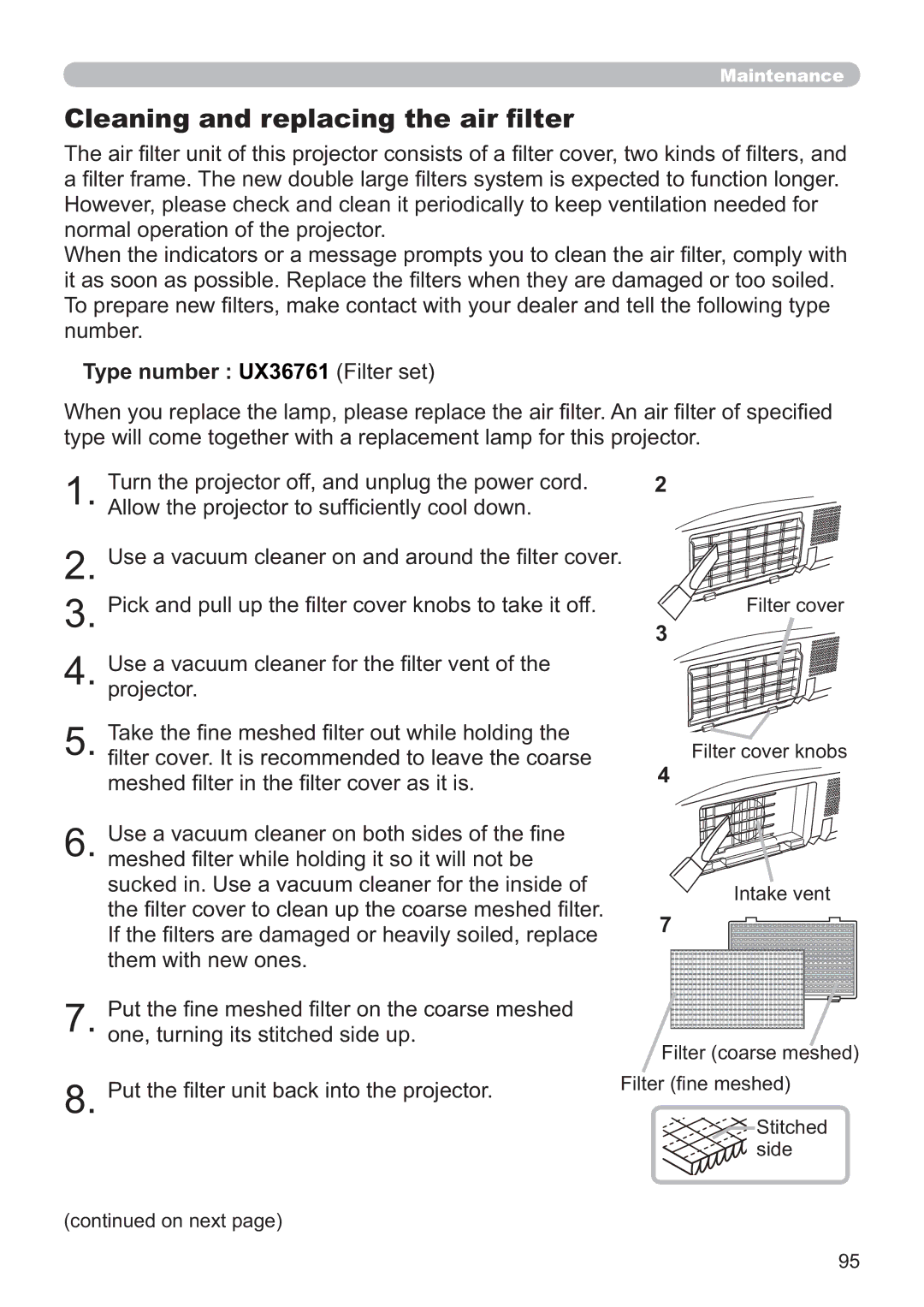 Apple CP-X2021WN, CP-X2521WN, CP-X3021WN user manual Cleaning and replacing the air ﬁlter, Type number UX36761 Filter set 