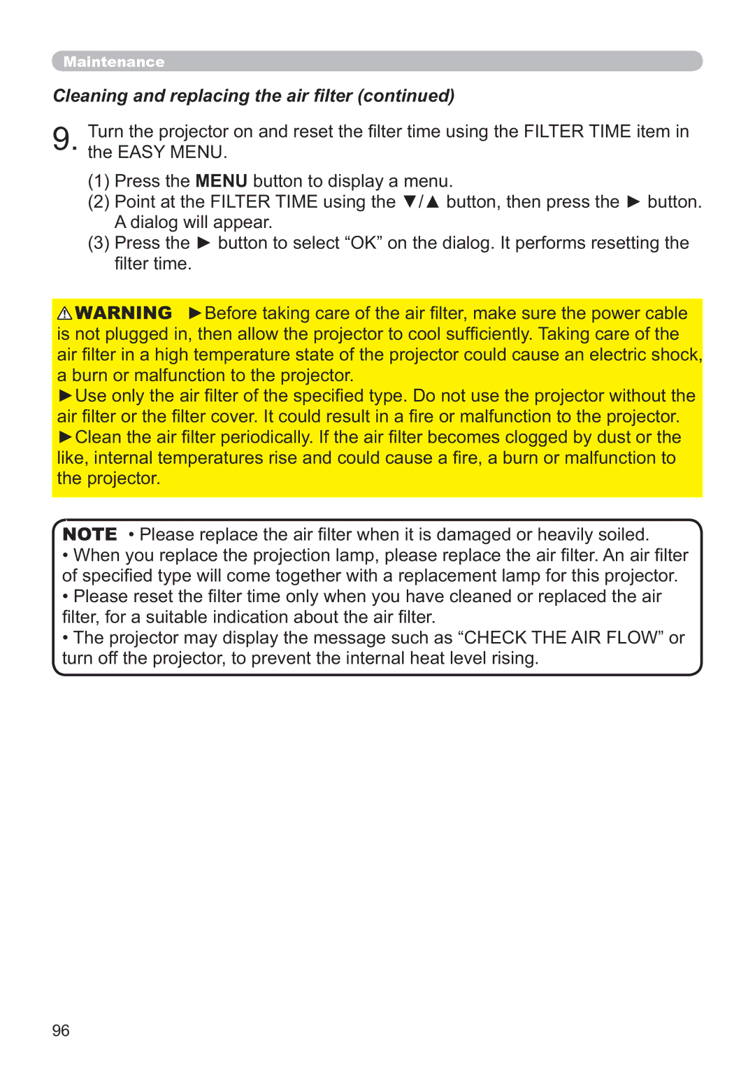 Apple CP-X2521WN, CP-X3021WN, CP-X2021WN user manual Cleaning and replacing the air ﬁlter 