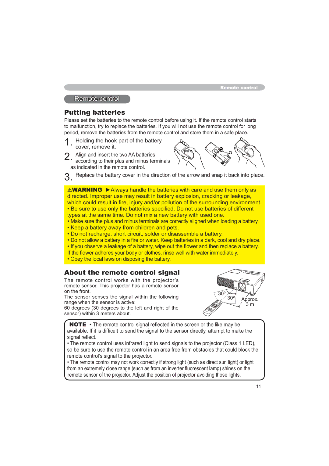 Apple CP-X253 user manual Putting batteries, About the remote control signal, VljqdoUhàhfw, 30º 30º $SSUR P 