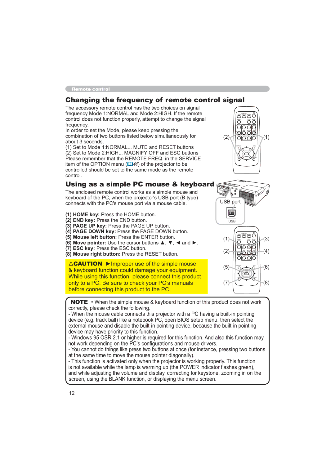 Apple CP-X253 user manual Changing the frequency of remote control signal, Using as a simple PC mouse & keyboard 