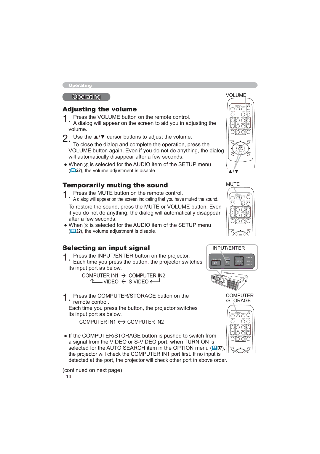 Apple CP-X253 user manual Adjusting the volume, Temporarily muting the sound, Selecting an input signal 