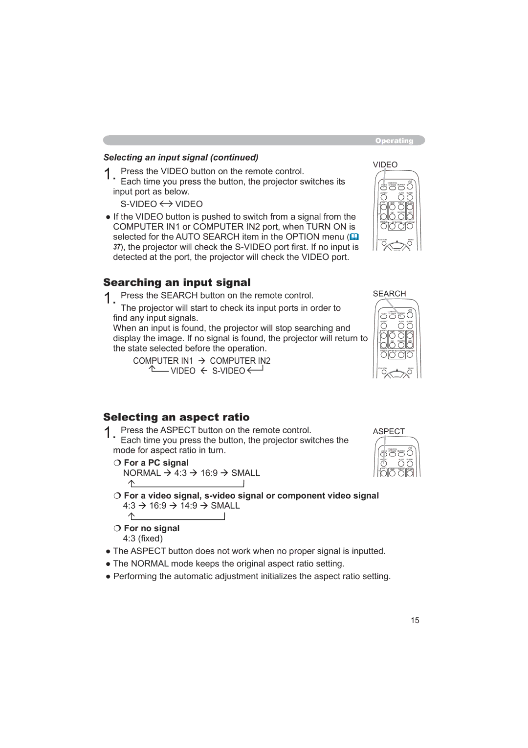 Apple CP-X253 Searching an input signal, Selecting an aspect ratio, Selecting an input signal, € For a PC signal 