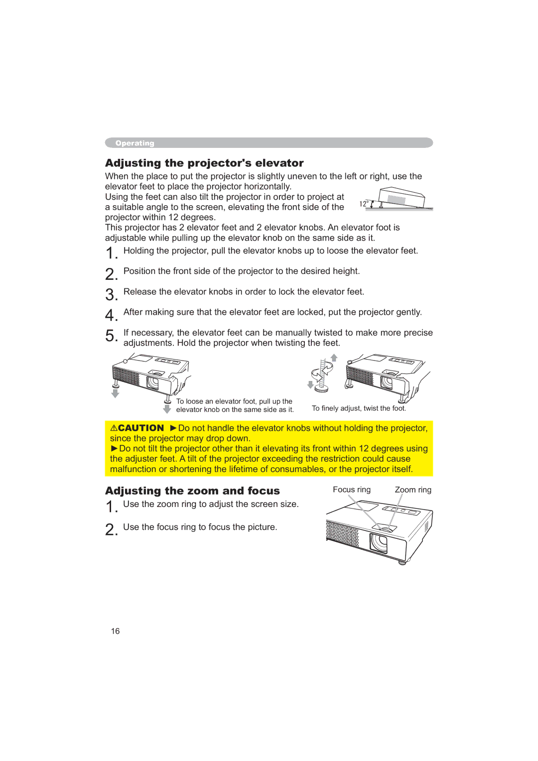 Apple CP-X253 user manual Adjusting the projectors elevator, Adjusting the zoom and focus, RfxvUlqj 