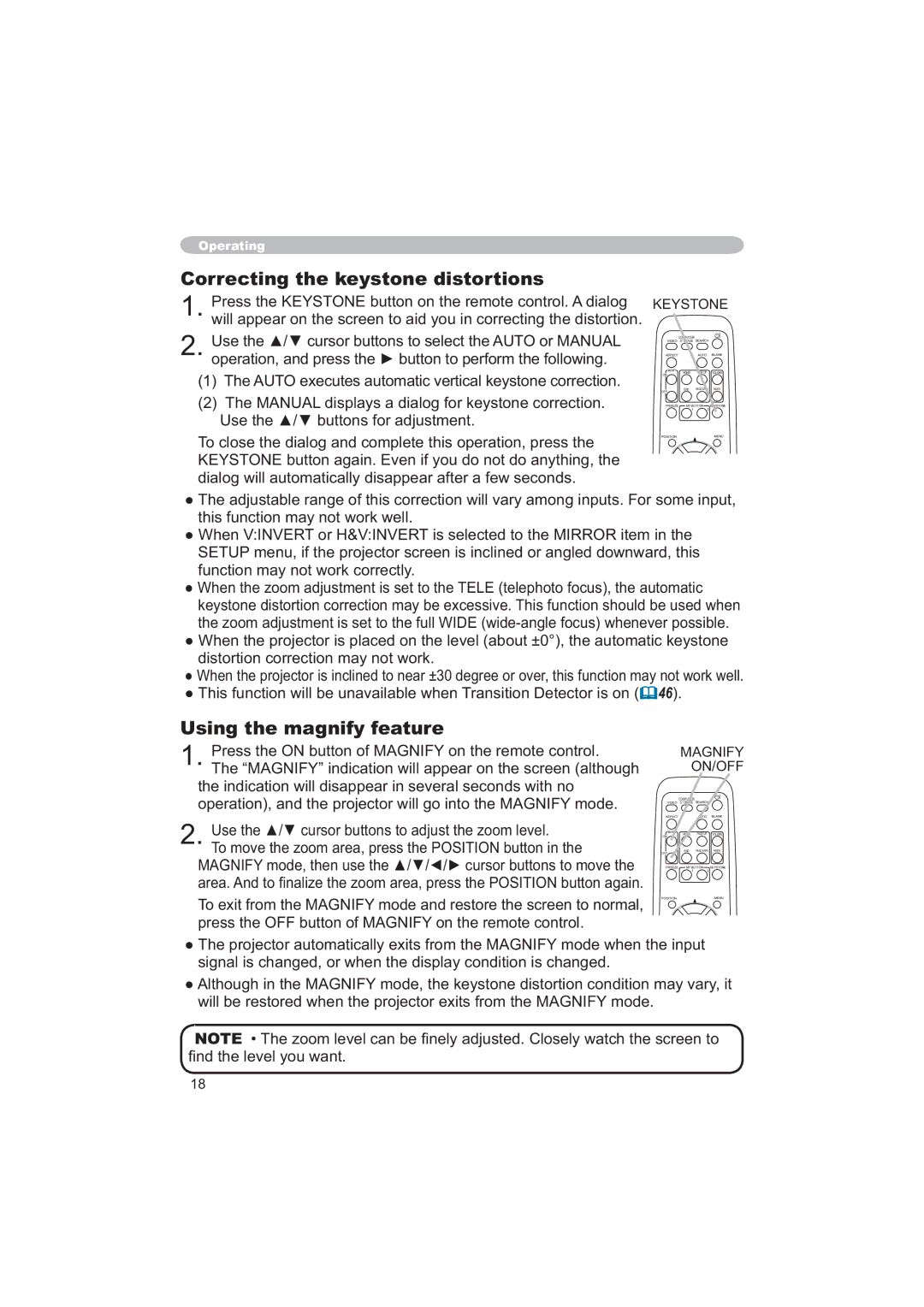 Apple CP-X253 user manual Correcting the keystone distortions, Using the magnify feature 