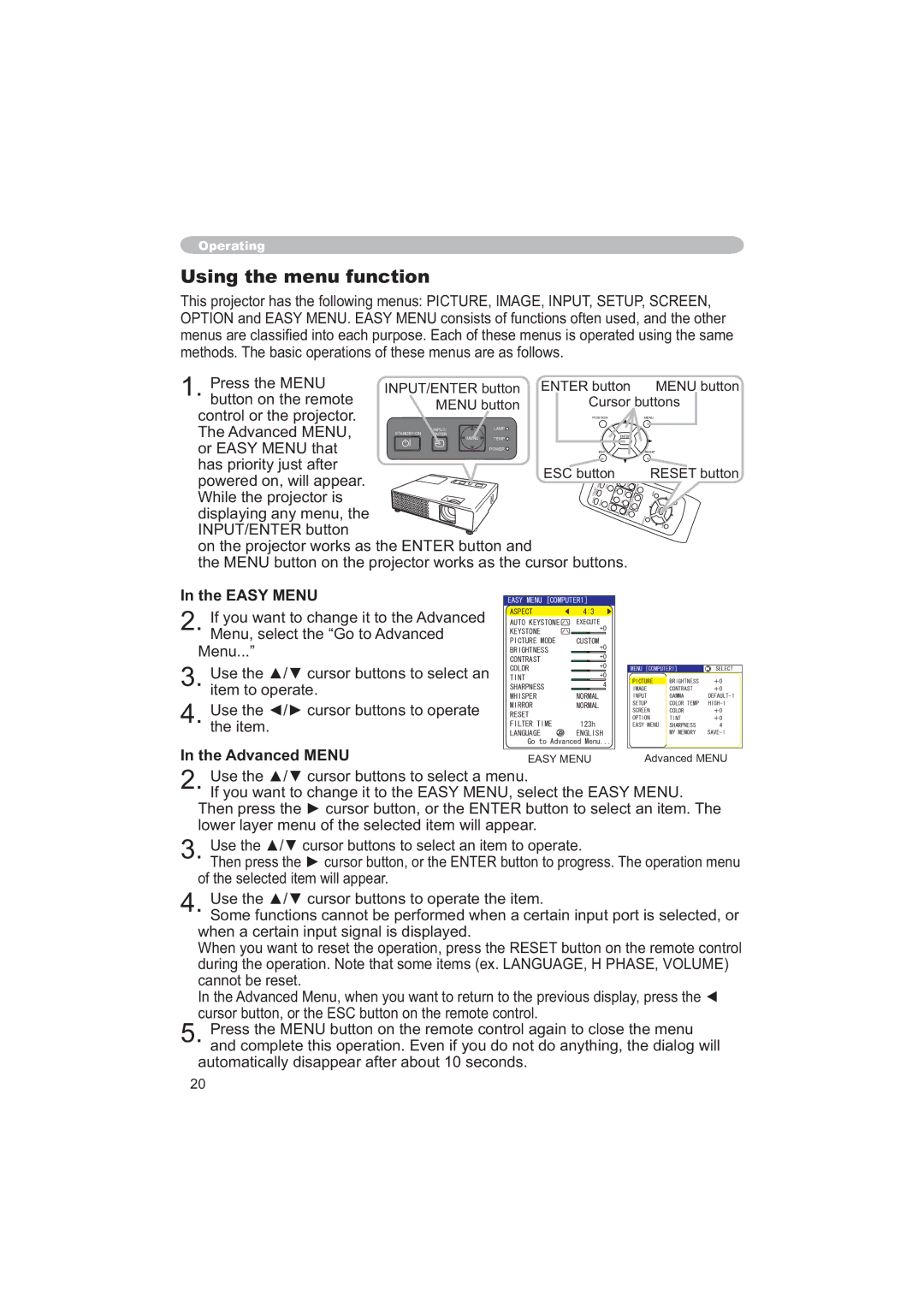 Apple CP-X253 Using the menu function, Easy Menu, Advanced Menu, RiWkhVhohfwhgLwhpZlooDsshdu, FdqqrwEhUhvhw 