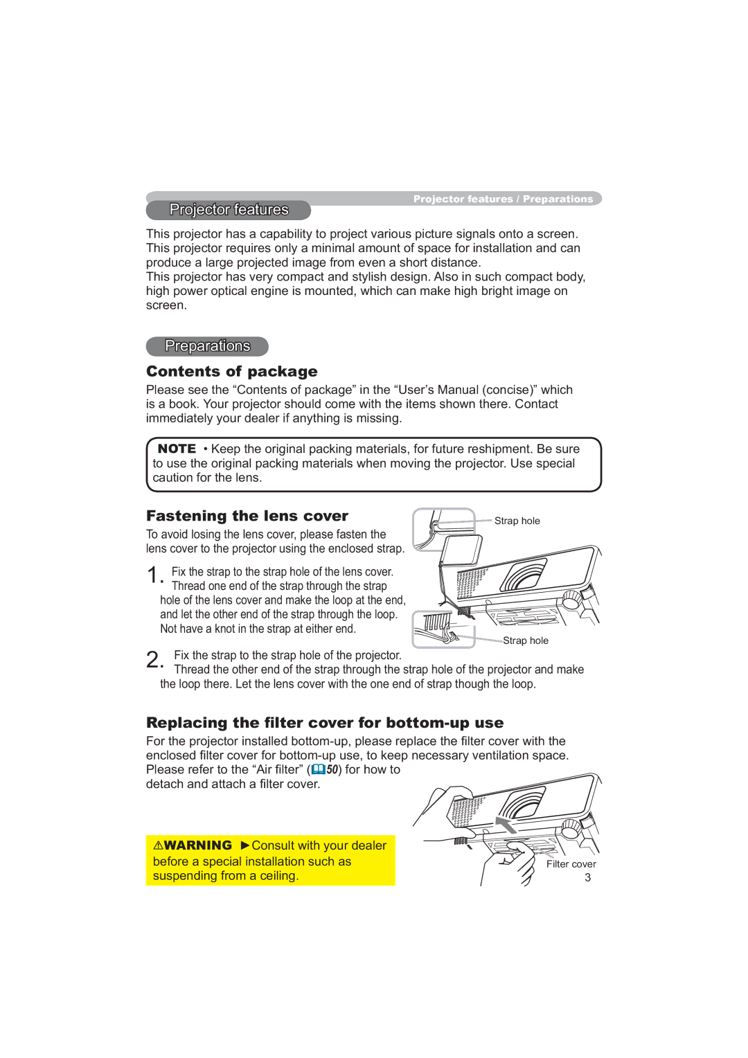 Apple CP-X253 user manual Contents of package, Fastening the lens cover 