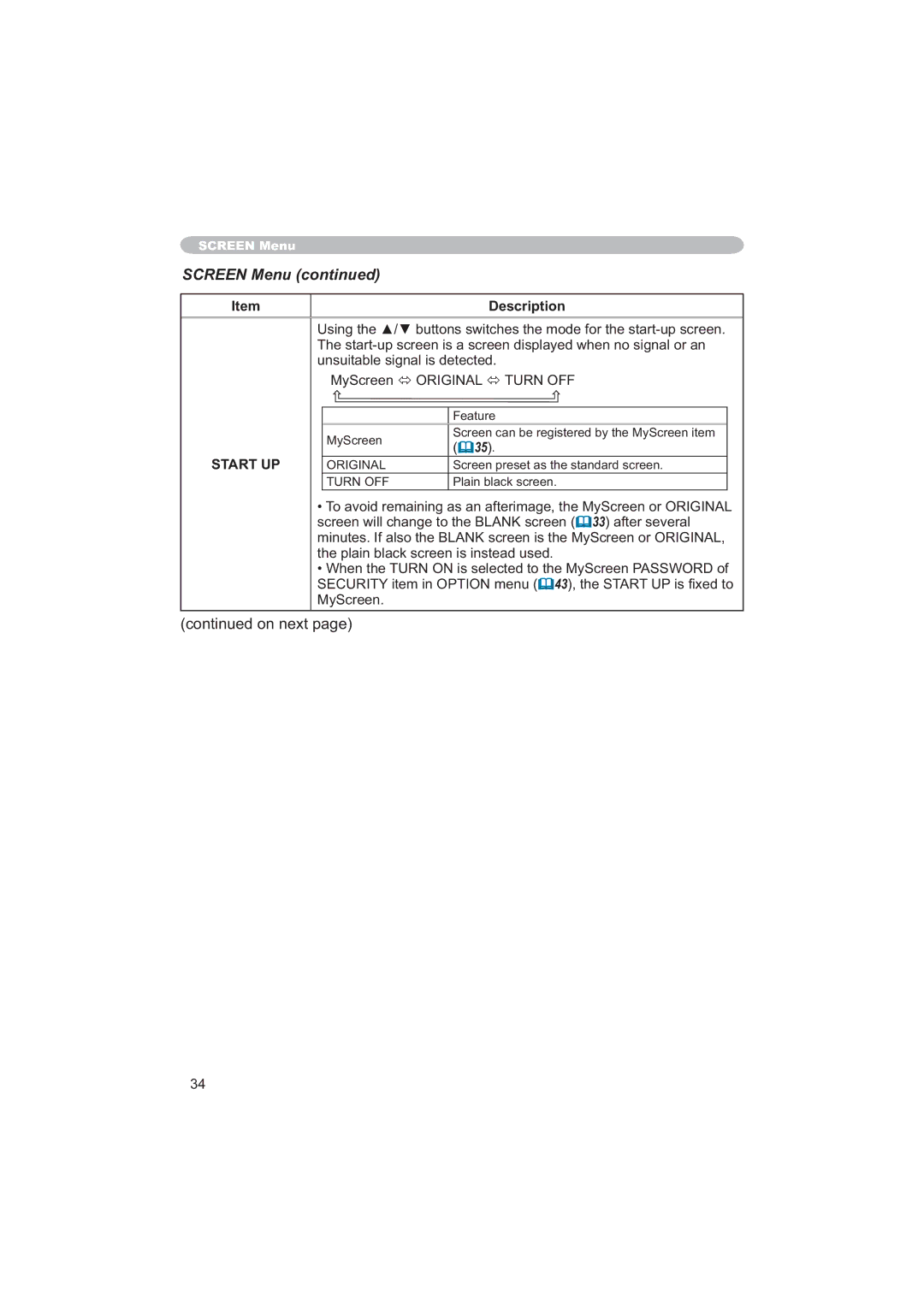 Apple CP-X253 user manual Screen Menu, Start UP, 35 , 3ODLQEODFNVFUHHQ 