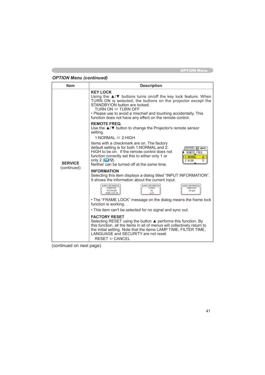 Apple CP-X253 user manual KEY Lock, Remote Freq, 1250$/Ù+,*+, Information 