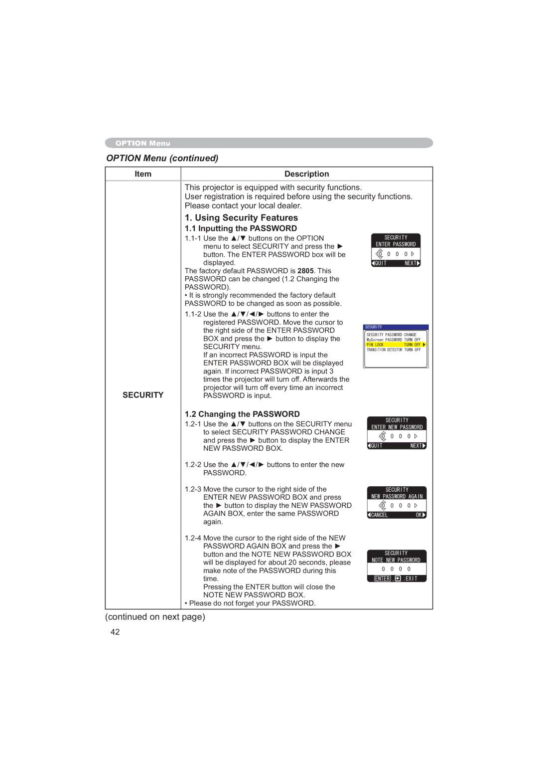 Apple CP-X253 user manual Using Security Features, Inputting the Password, Changing the Password 