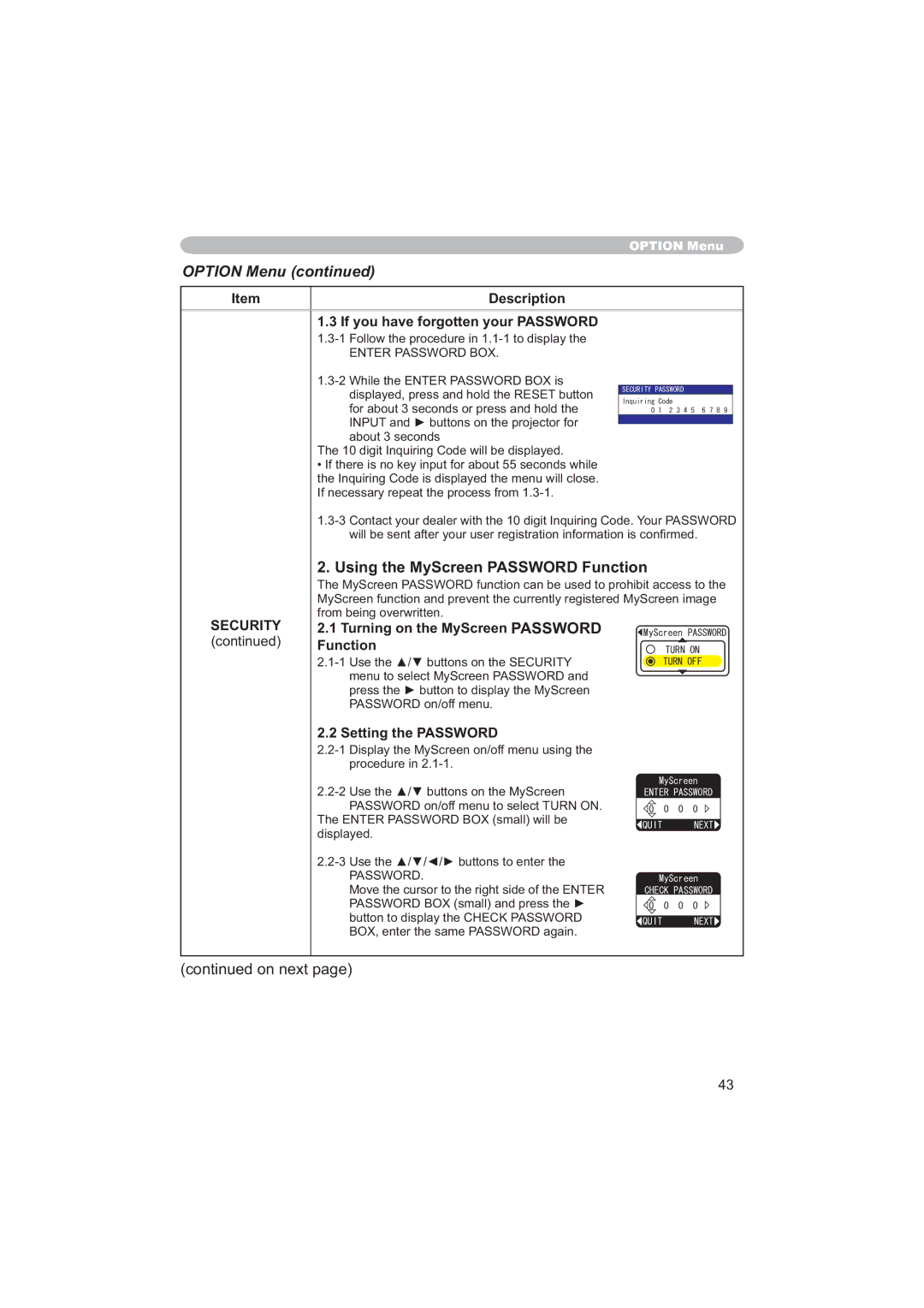 Apple CP-X253 Using the MyScreen Password Function, If you have forgotten your Password, Turning on the MyScreen Password 