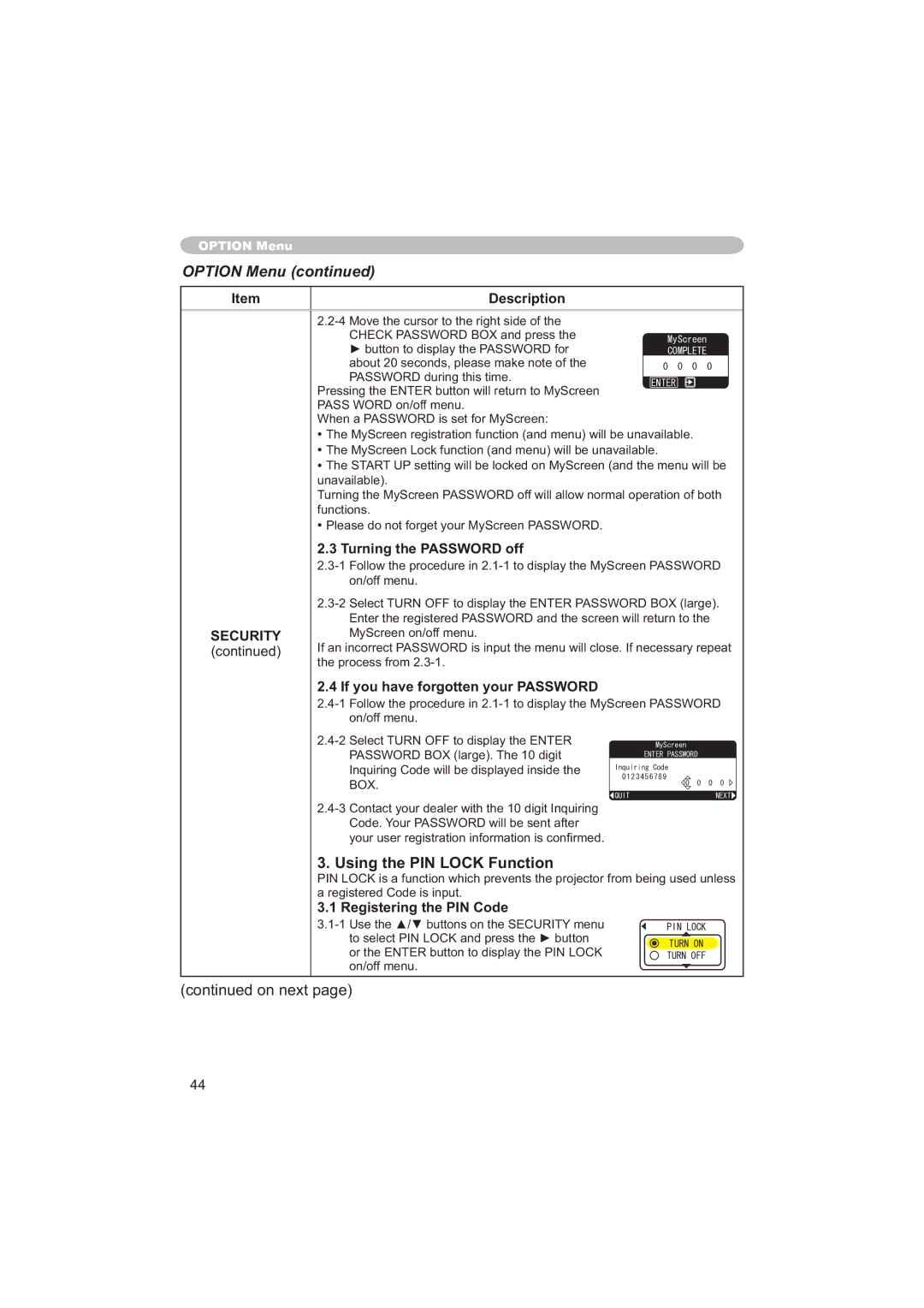 Apple CP-X253 user manual Using the PIN Lock Function, Turning the Password off, Registering the PIN Code 