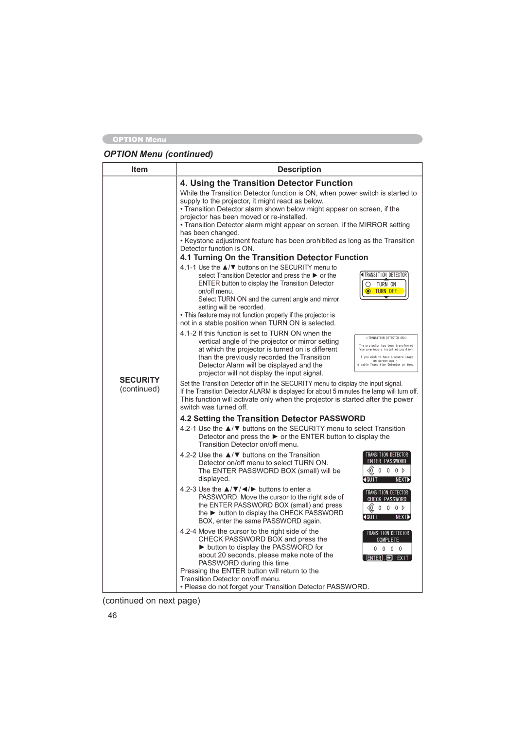 Apple CP-X253 user manual Using the Transition Detector Function, Turning On the Transition Detector Function 