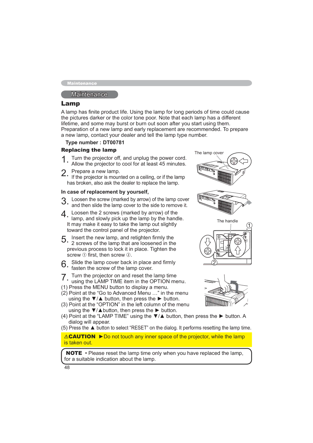 Apple CP-X253 user manual Lamp, Type number DT00781 Replacing the lamp, Case of replacement by yourself 