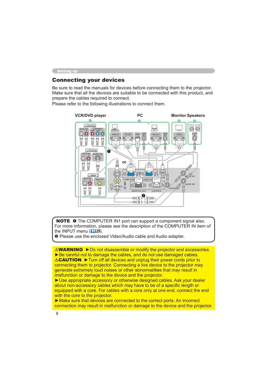 Apple CP-X253 user manual Connecting your devices, VCR/DVD player 