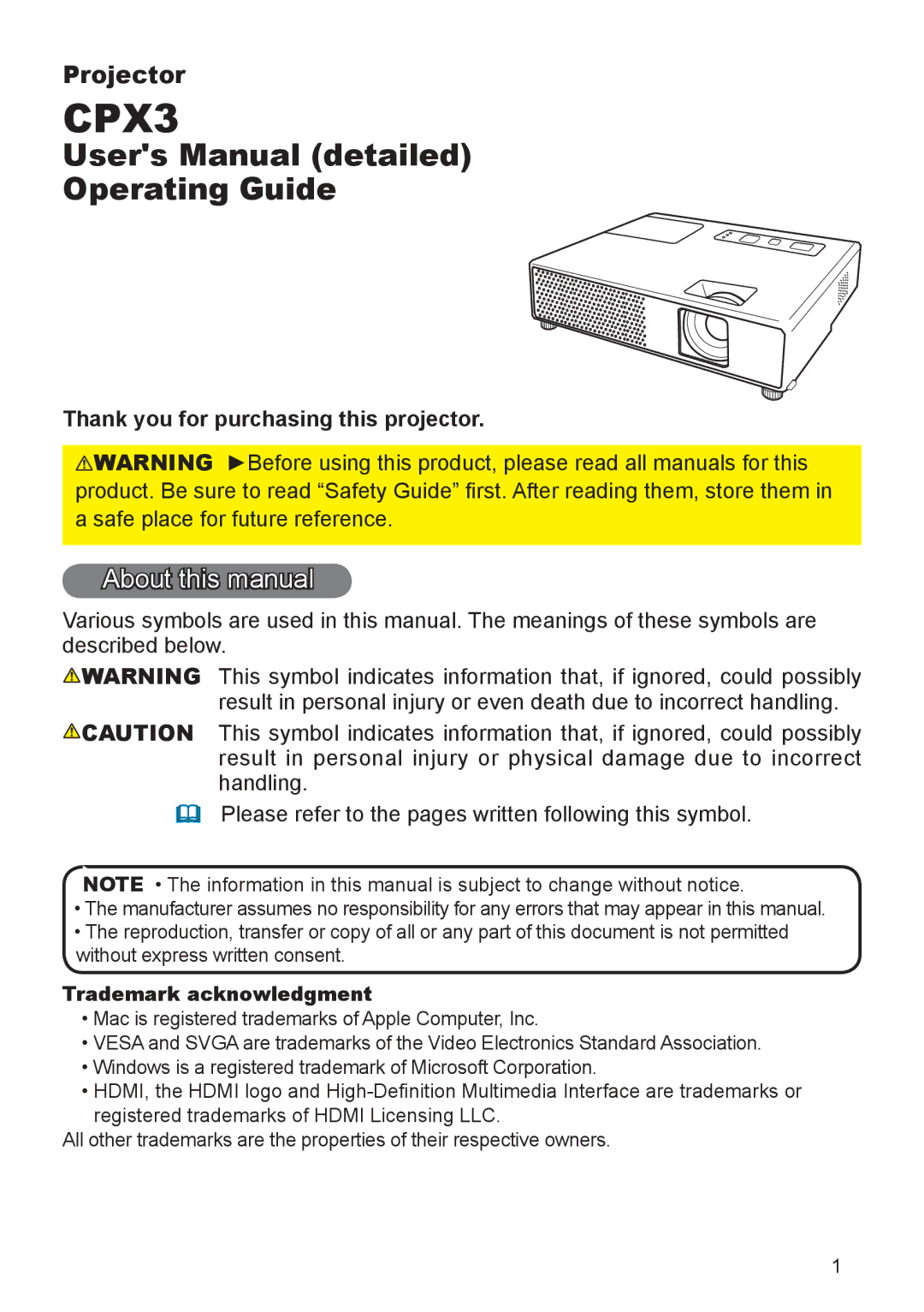 Apple CPX3 manual About this manual, Thank you for purchasing this projector, Trademark acknowledgment 