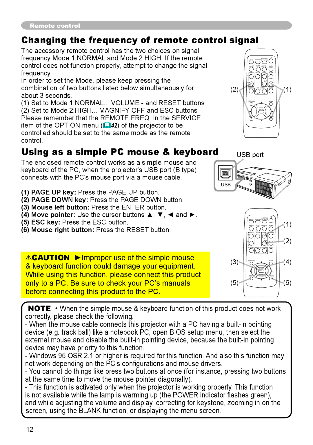 Apple CPX3 manual Changing the frequency of remote control signal, Using as a simple PC mouse & keyboard 