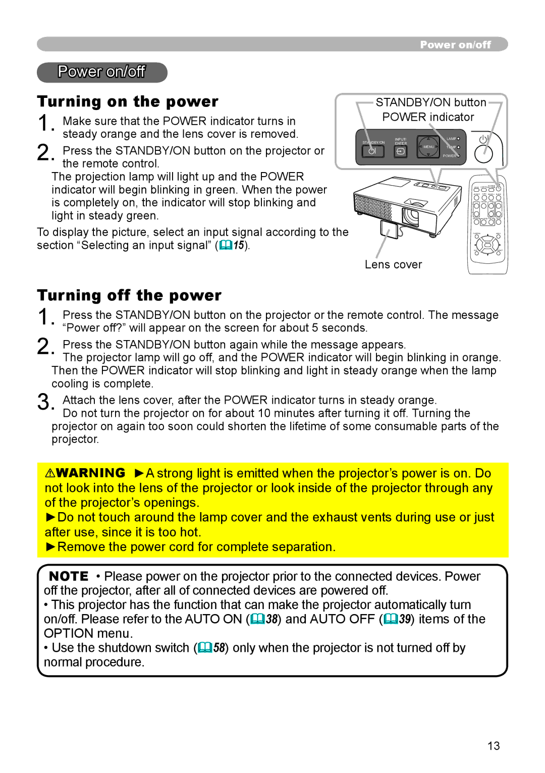 Apple CPX3 manual Power on/off, Turning on the power, Turning off the power, STANDBY/ON button Power indicator, Lens cover 