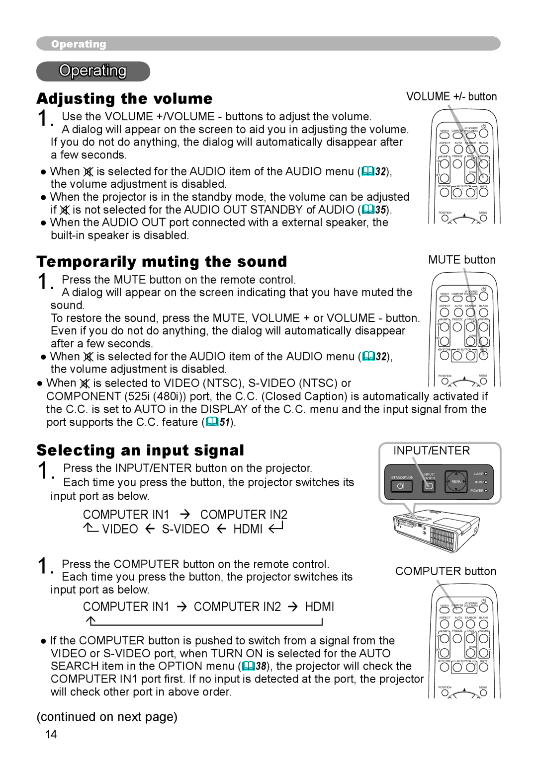 Apple CPX3 manual Operating, Adjusting the volume, Temporarily muting the sound, Selecting an input signal 