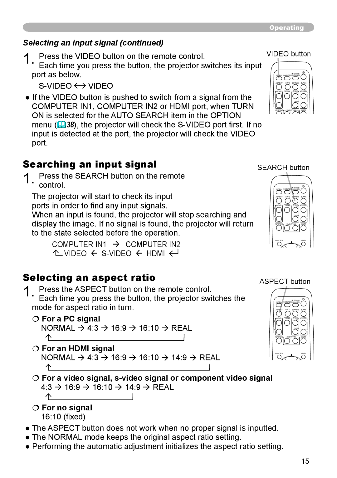 Apple CPX3 manual Searching an input signal, Selecting an aspect ratio, Selecting an input signal,  For a PC signal 