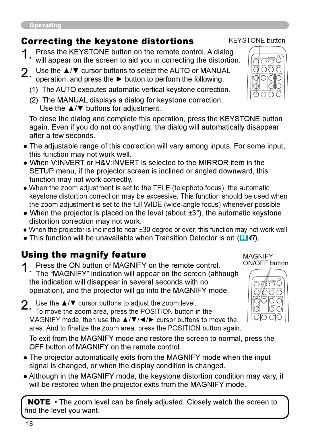 Apple CPX3 manual Correcting the keystone distortions, Using the magnify feature, Keystone button 