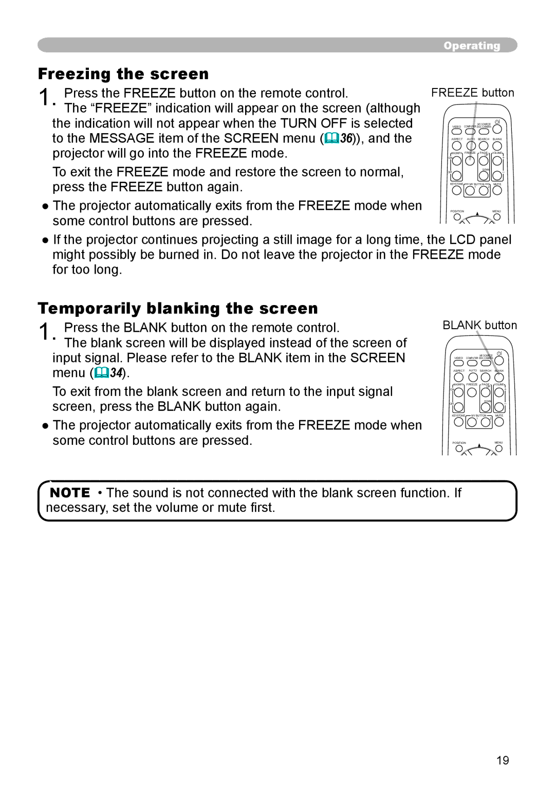 Apple CPX3 manual Freezing the screen, Temporarily blanking the screen, Freeze button, Blank button 