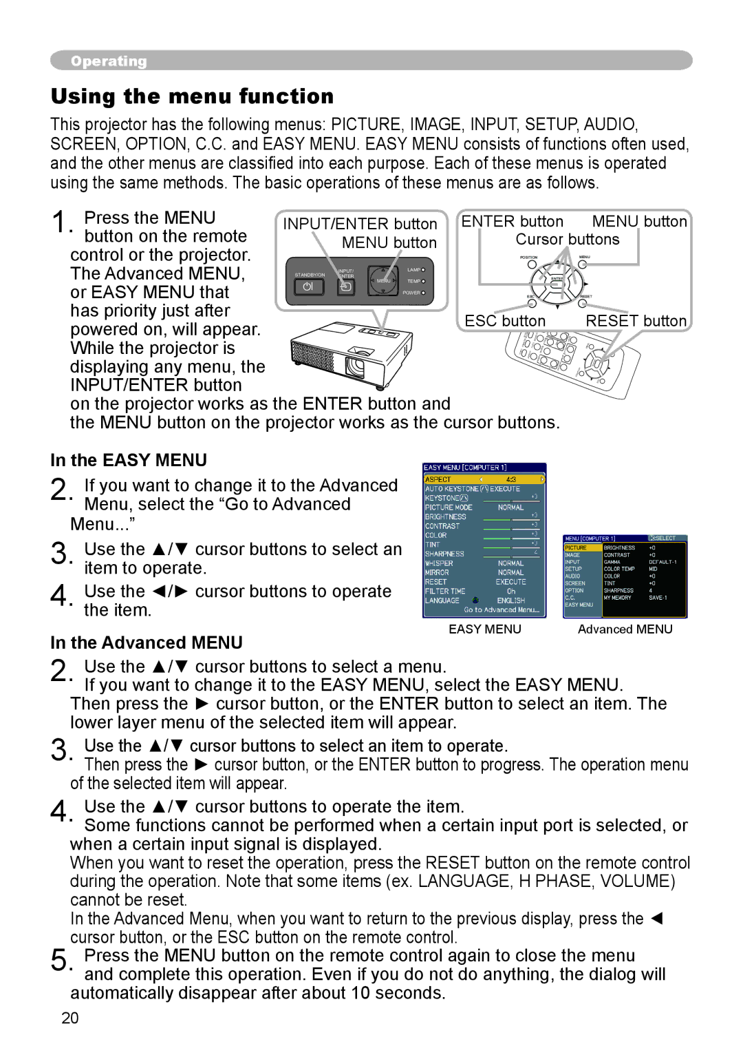 Apple CPX3 Using the menu function, Easy Menu, Advanced Menu, INPUT/ENTER button Enter button Menu button, Reset button 