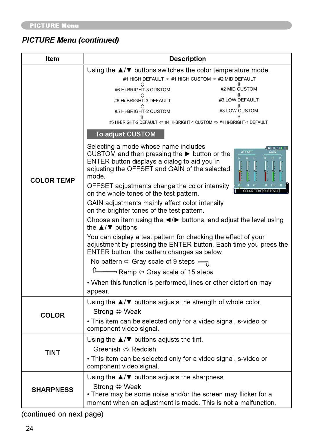 Apple CPX3 manual Picture Menu, Using the / buttons switches the color temperature mode, Color Temp 