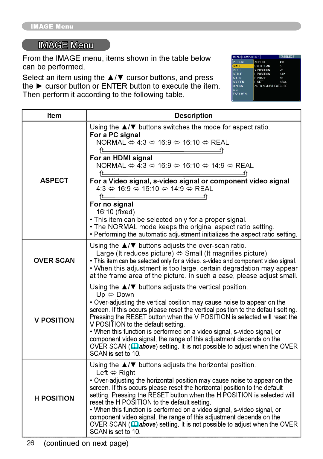 Apple CPX3 manual Image Menu, Over Scan, Position 