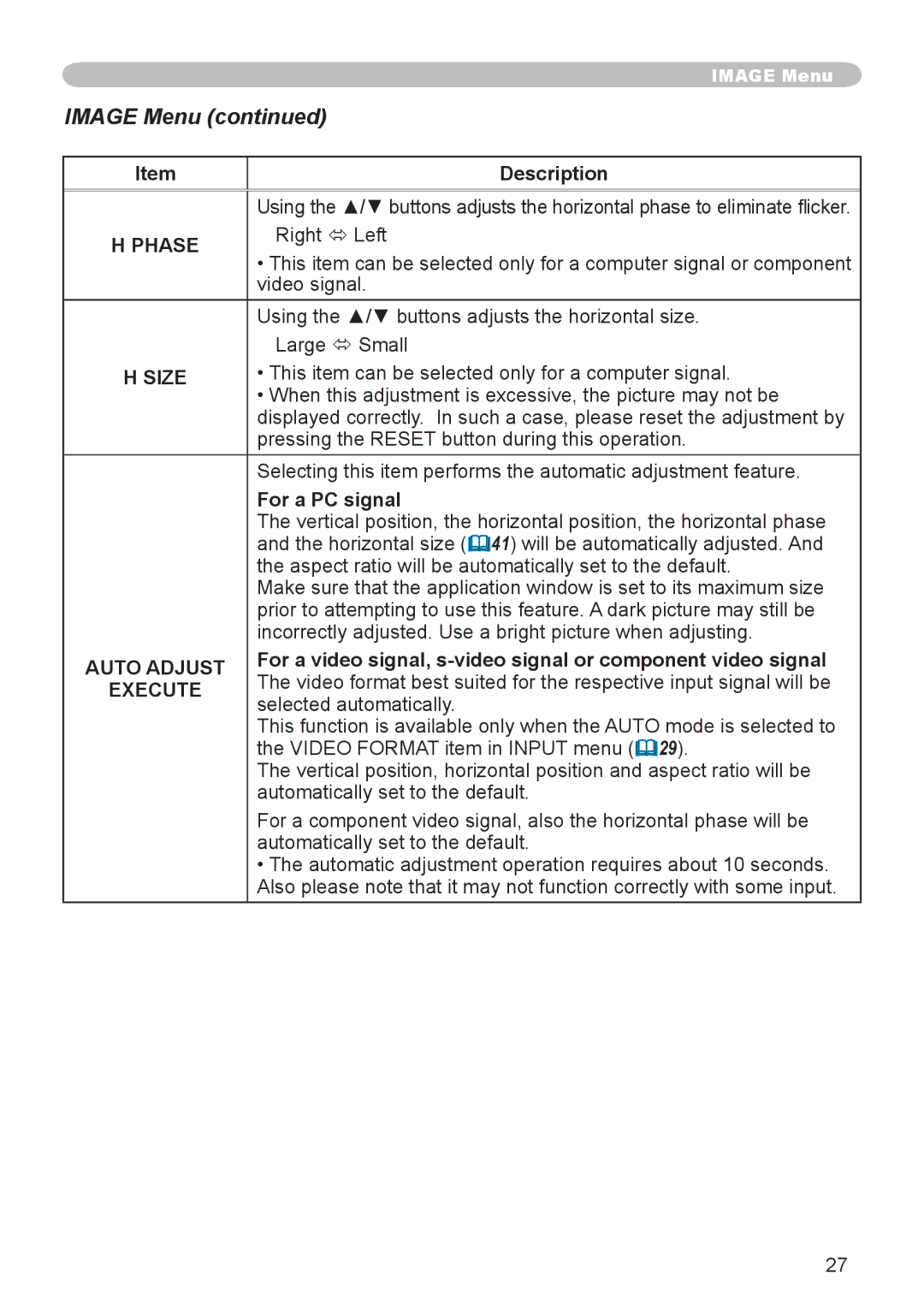 Apple CPX3 manual Image Menu, Phase, Size, Auto Adjust 