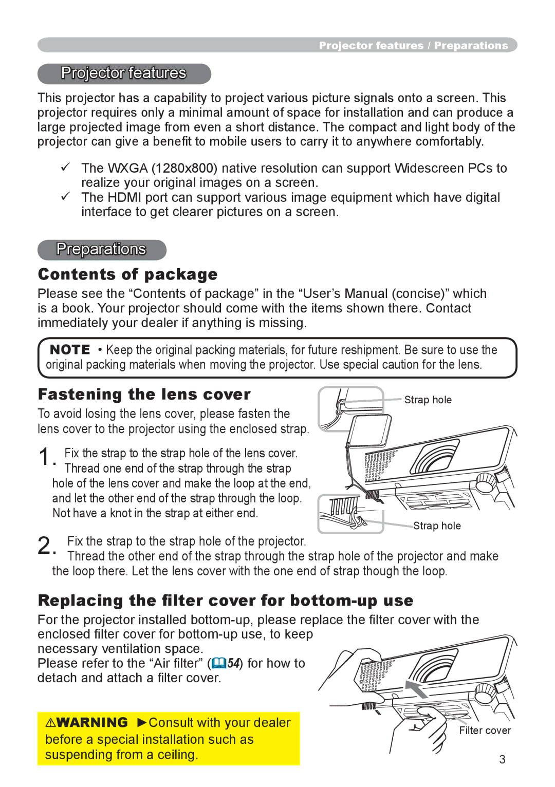 Apple CPX3 manual Contents of package, Fastening the lens cover, Replacing the filter cover for bottom-up use 