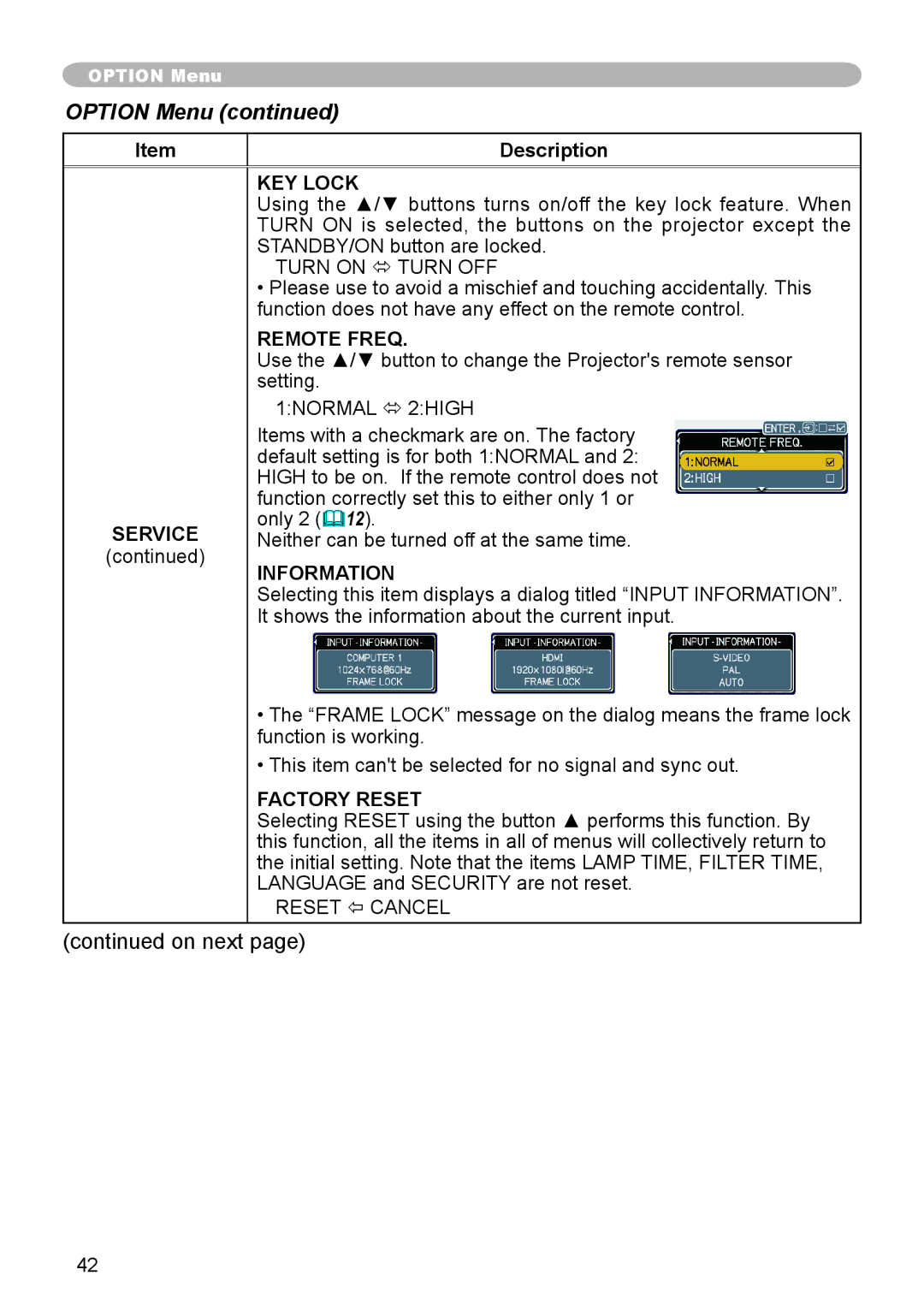 Apple CPX3 manual KEY Lock, Remote Freq, Information, Factory Reset 