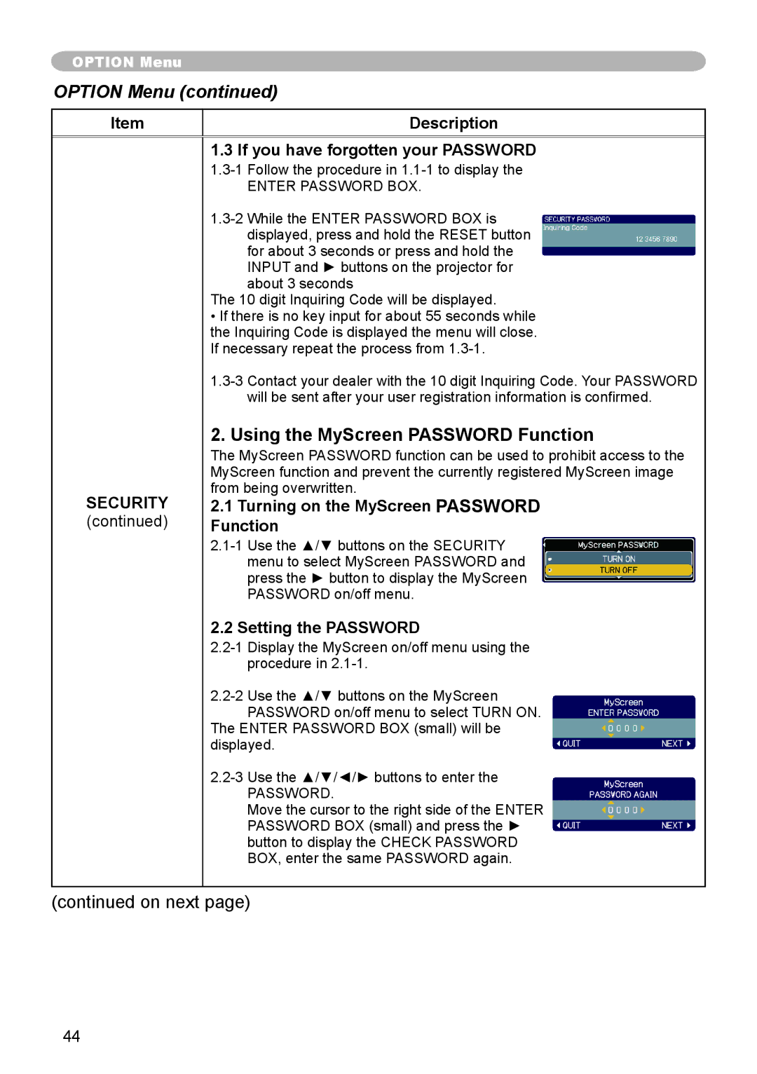 Apple CPX3 Using the MyScreen Password Function, If you have forgotten your Password, Turning on the MyScreen Password 