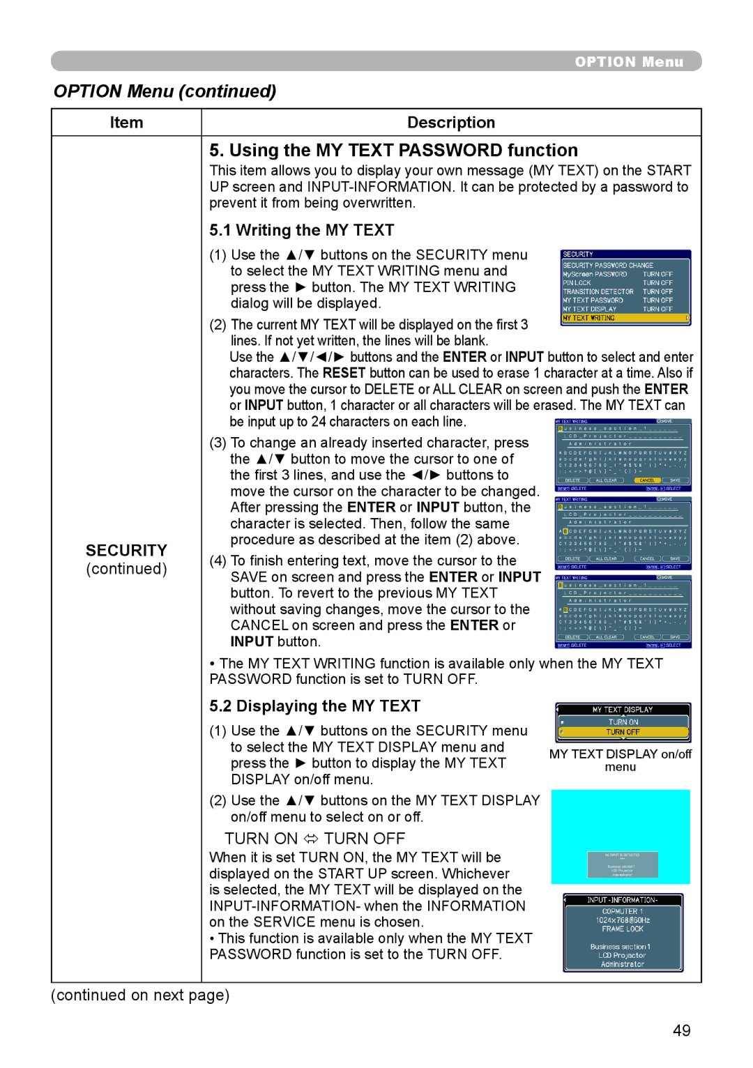 Apple CPX3 manual Using the MY Text Password function, Writing the MY Text, Displaying the MY Text, On next 