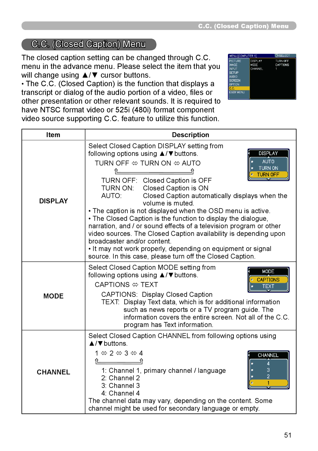 Apple CPX3 manual Closed Caption Menu, Display, Mode, Channel 