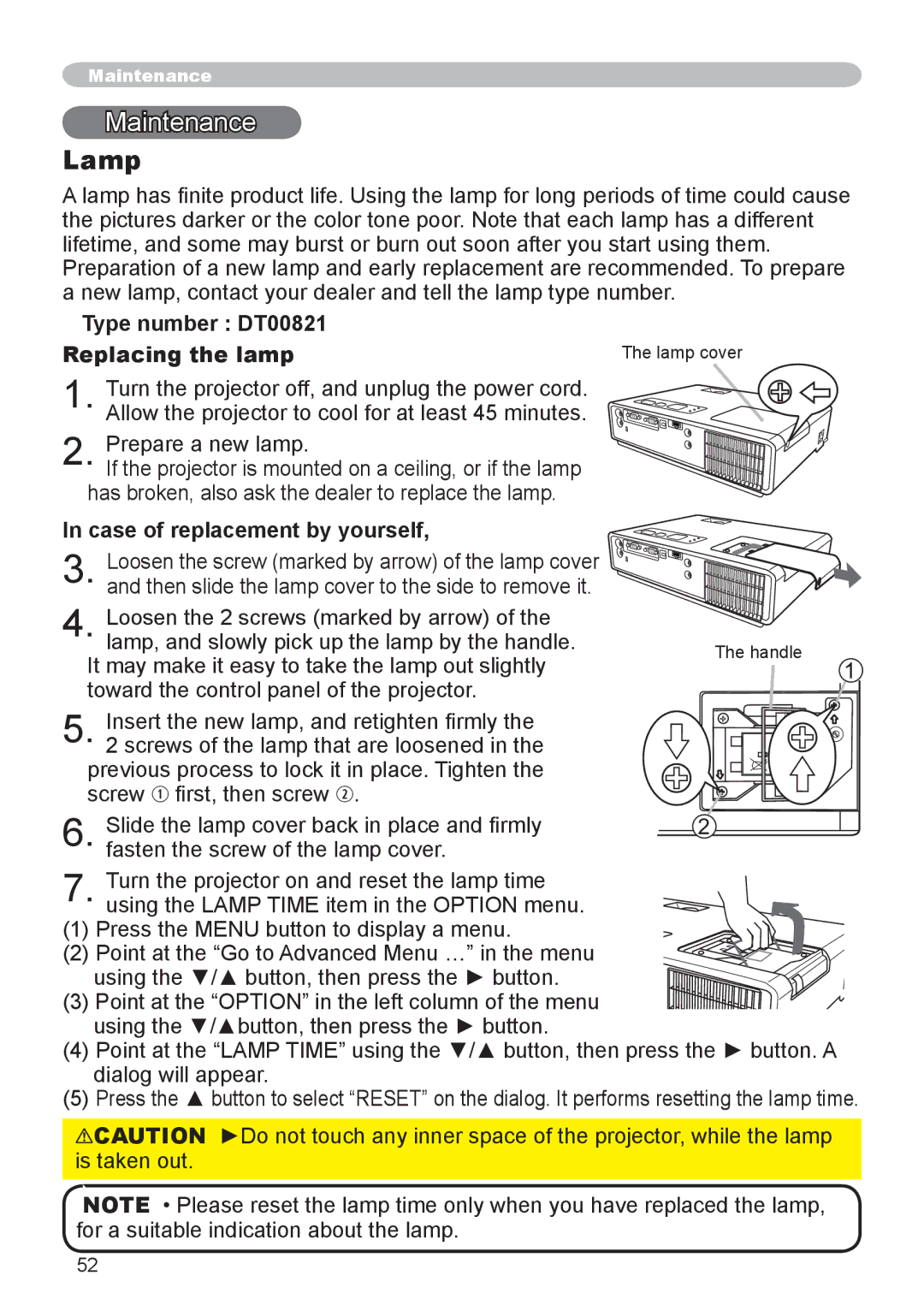 Apple CPX3 manual Maintenance, Lamp, Type number DT00821 Replacing the lamp, Case of replacement by yourself 