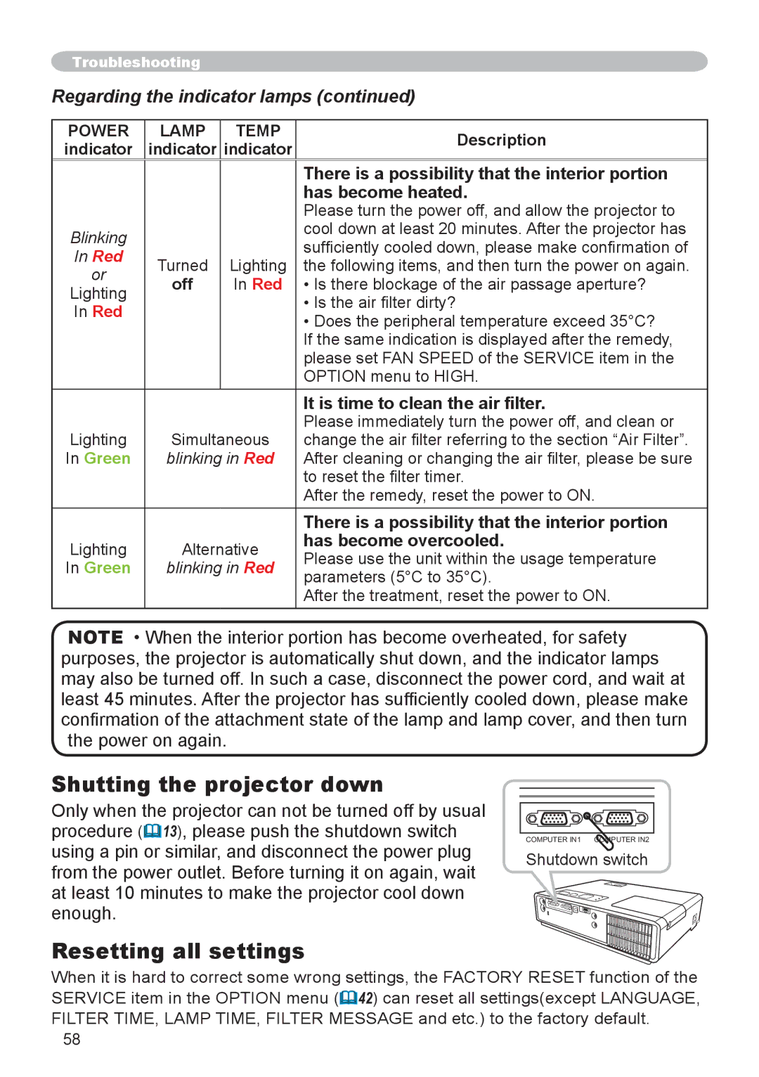 Apple CPX3 manual Shutting the projector down, Resetting all settings, Regarding the indicator lamps 