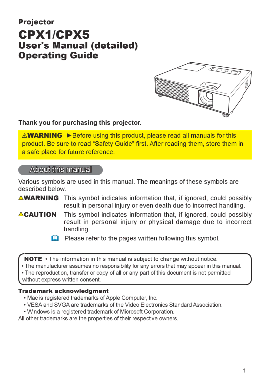 Apple CPX1, CPX5 user manual About this manual, Thank you for purchasing this projector, Trademark acknowledgment 