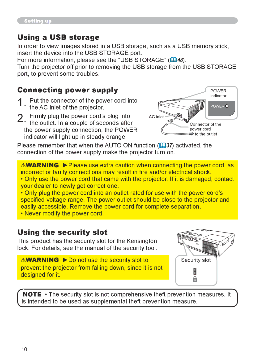 Apple CPX5, CPX1 user manual Using a USB storage, Connecting power supply, Using the security slot, Security slot 