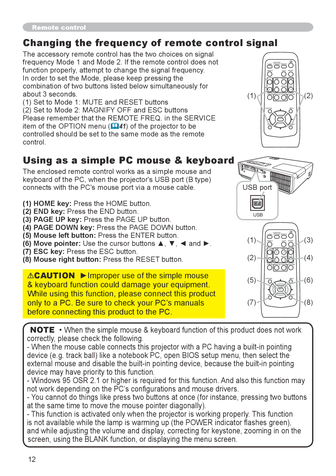 Apple CPX5, CPX1 user manual Changing the frequency of remote control signal, Using as a simple PC mouse & keyboard 