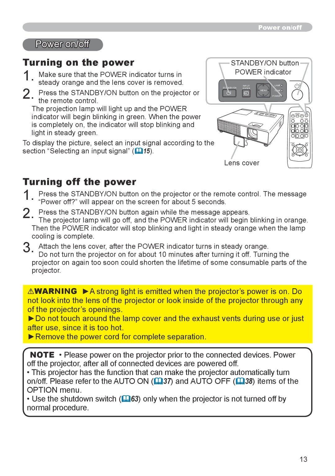 Apple CPX1, CPX5 Power on/off, Turning on the power, Turning off the power, STANDBY/ON button Power indicator, Lens cover 